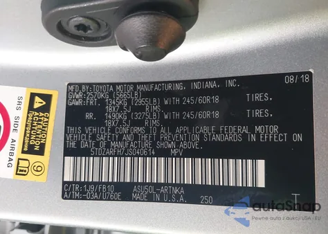 2018 Toyota Highlander Le z USA, uszkodzony, nr VIN 5TDZARFH7JS040614